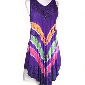 PURPLE floral sleeveless flared dress FLOWY TIE DYE Boho Gypsy RHINE-stones